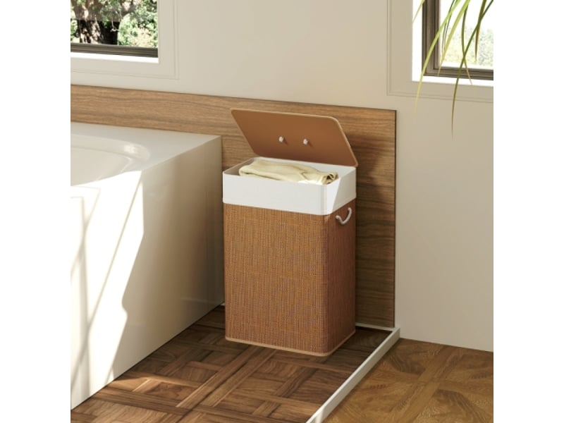 Panier à linge en bambou 72 l avec couvercle, sac amovible, poignées en corde, marron - Conforama B
