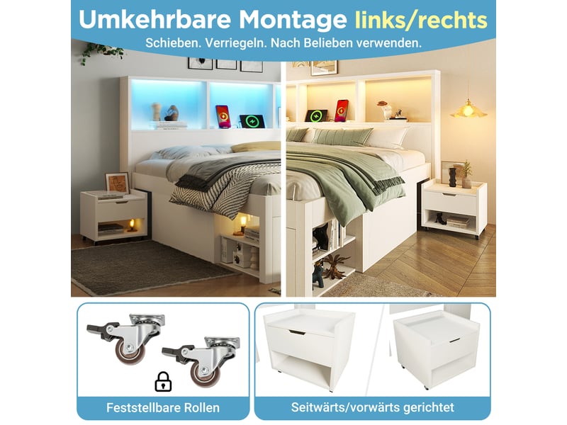  Rayofi lit simple blanc 90x200 cm avec rangement et table de chevet amovible, éclairage led, ports usb-cusb, tiroirs intégrés, matelas non inclus  - Conforama D