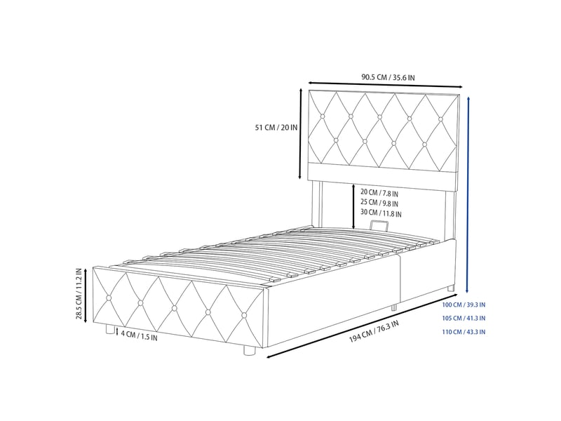 Lit enfant coffre 90x190 cm, tête de lit réglable, sommier à lattes, velours gris, sans matelas  - Conforama C