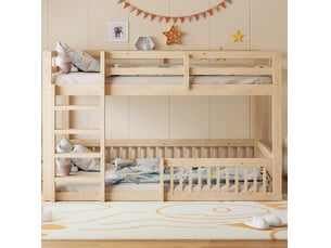 Lit superposé adulte 160x200 cm, barrières de sécurité, sommier à lattes, pin et mdf naturel, sans matelas