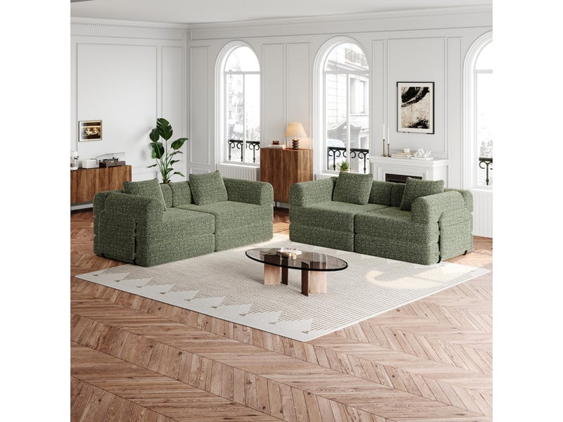  Canapé convertible 4 places - 368x91x70cm - chauffeuse lit chenille, poches rangement, cadre acier - vert olive  - Conforama C