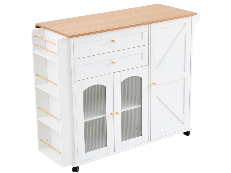  Îlot de cuisine mobile à plateau rabattable 110 cm, 2 tiroirs, blanc et bois naturel  - Conforama A