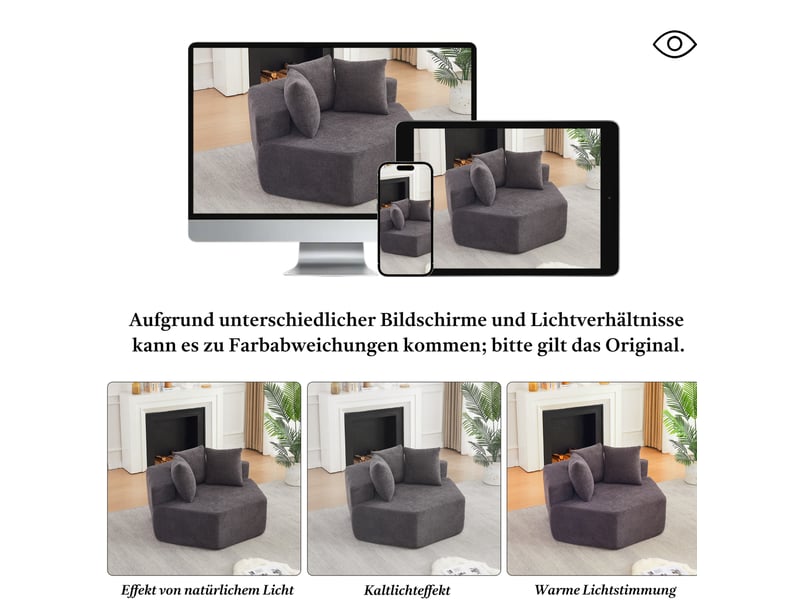  Fauteuil modulaire hexagonal avec trois coussins et dessous antidérapant, en tissu bouclette chenille gris, 122 × 138 × 76 cm  - Conforama E