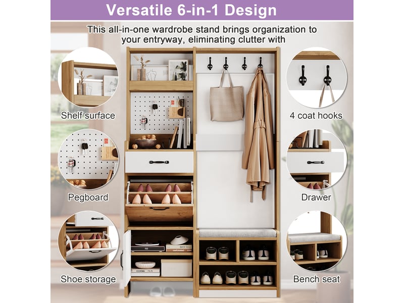  Meuble d’entrée avec banc et porte-manteaux | meuble à chaussures | rangement | 108,5 x 35 x 180 cm | chêneblan  - Conforama E