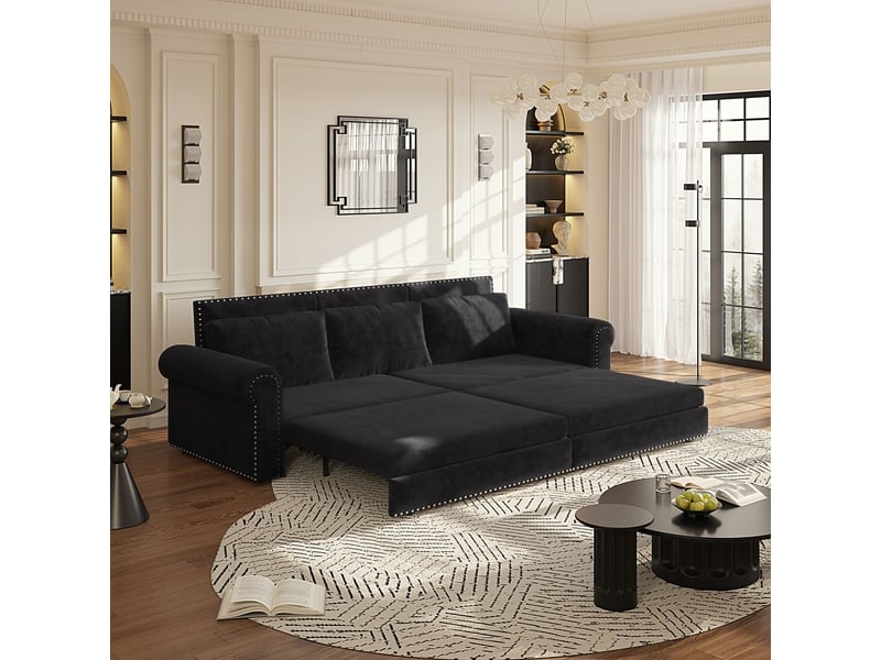  Canapé-lit 238 cm canapé en velours couchage d'appoint 3 places convertible 3-en-1 format extensible ornement clouté accoudoirs arrondis coloris noir  - Conforama D