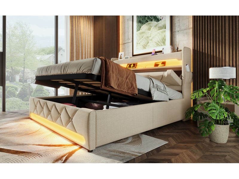  Lit double 140x200 cm avec tête de lit, led, usb, rangement hydraulique, lin beige sans matelas  - Conforama E