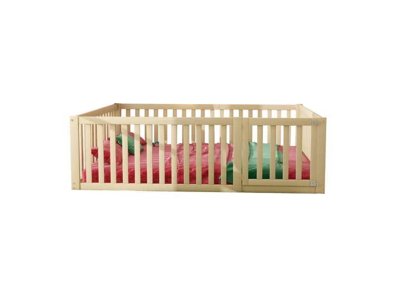  Lit enfant 140x200cm,lit double en bois massif avec barrière et porte,naturel lit enfant naturel - Conforama A