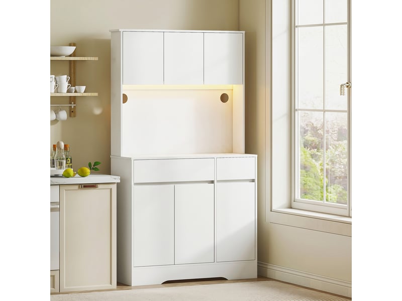  Buffet cuisine meuble cuisine rangement haut avec lumière led rgb, plan de travail, 6 portes, blanc, 2 tiroirs  - Conforama D