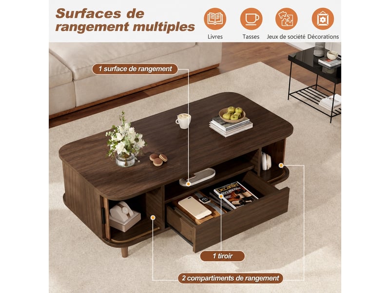  Table basse couleur noyer avec tiroir et deux portes coulissantes, niche ouverte, 100 x 50 x 35 cm  - Conforama D