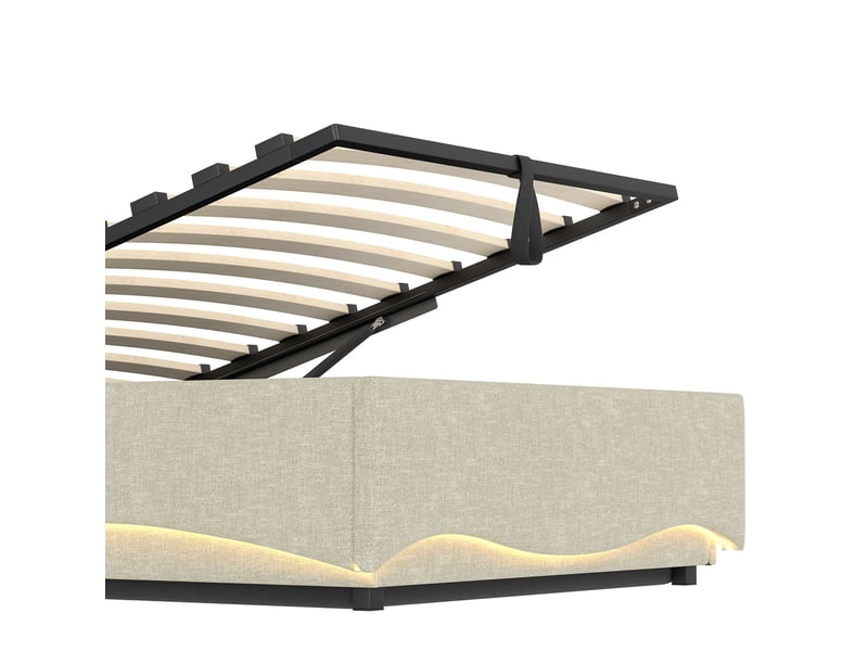  Lit coffre 90x200 cm en lin beige avec led, usb et port type-c, tête de lit avec rangement  - Conforama R