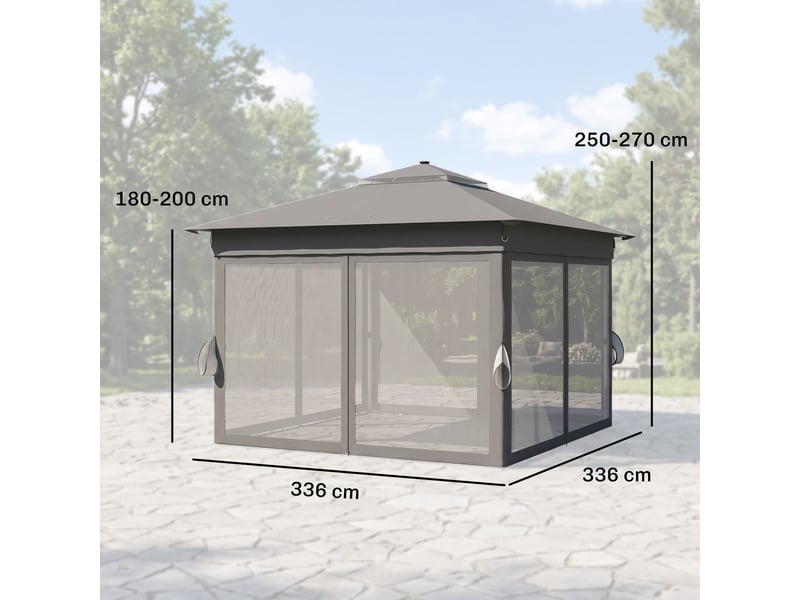 Tonnelle de jardin à hauteur réglable avec éclairage led, acier et toile oxford, 336 x 336 x 250-270 cm, grise  - Conforama E