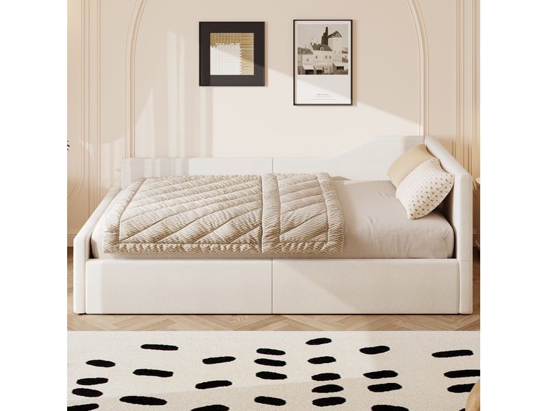  Lit coffre 140x200 cm, avec lit enfant et double, tête de lit, espace de rangement, lin et mdf, beige, sans matelas  - Conforama B