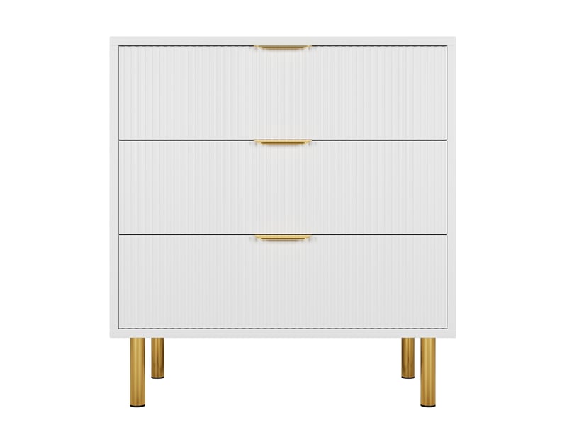  Commode 3 tiroirs cannelée moderne, meuble de rangement finition grain de bois, poignées dorées, pieds métal, 71 x 43 x 76 cm,blanc PHO_0ZGJJ5P4 - Conforama E