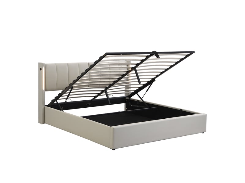  Lit coffre 140x190 cm avec éclairage led, port usb, rangement hydraulique et tête de lit réglable, pu gris  - Conforama A