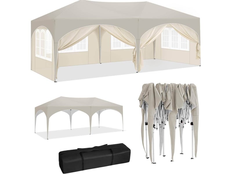 Pavillon pliant 3x6 m avec 6 parois, hauteur réglable, beige cravdom