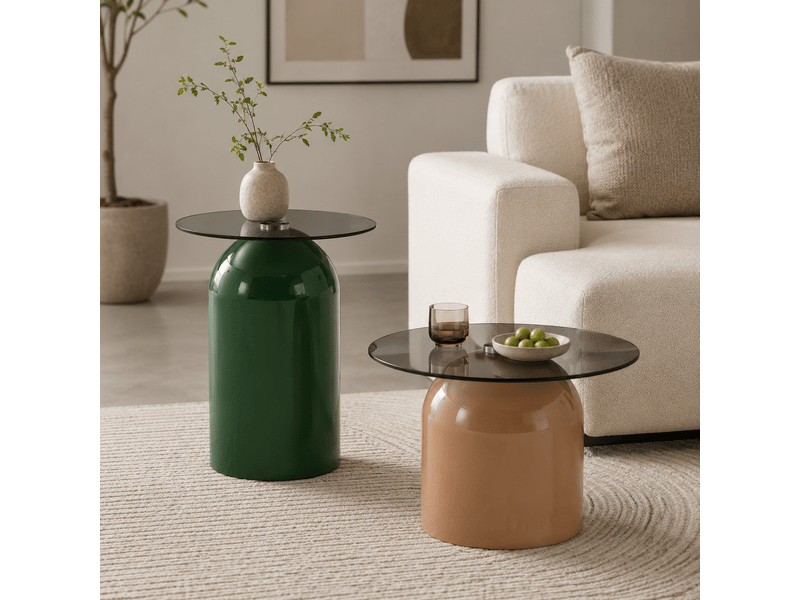  Tables basses gigognes avec plateaux en verre trempé et bases brillantes en cloche pour salon vert et café clair  - Conforama A