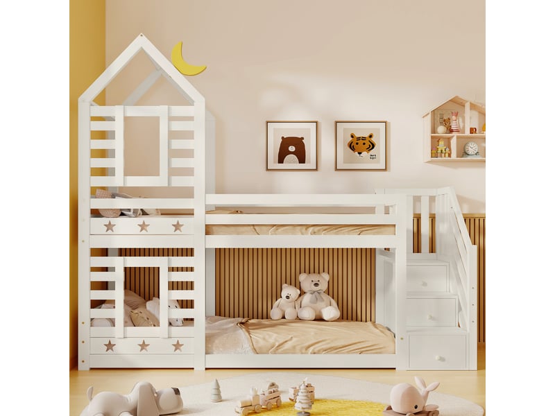 Lit superposé cabane enfant avec tiroirs 90x200 cm - bois massif blanc rangement intégré - Conforama W