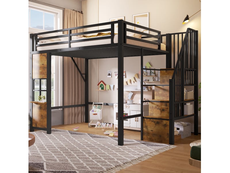  Lit mezzanine enfant 140x200 cm avec escalier de rangement noir  - Conforama D