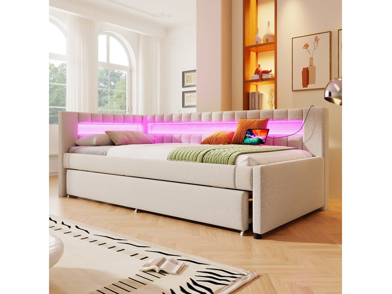  Lit de jour tcqpz 90 x 200 cm avec lit gigogne led usb type-c lin beige  - Conforama D