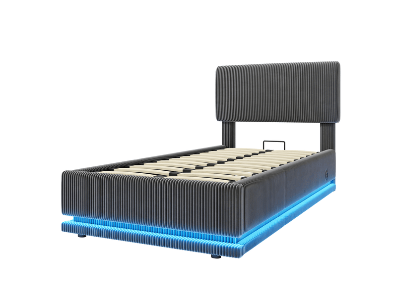  Lit rembourré led usb-c gris 90x200 cm avec rangement intégré  - Conforama E