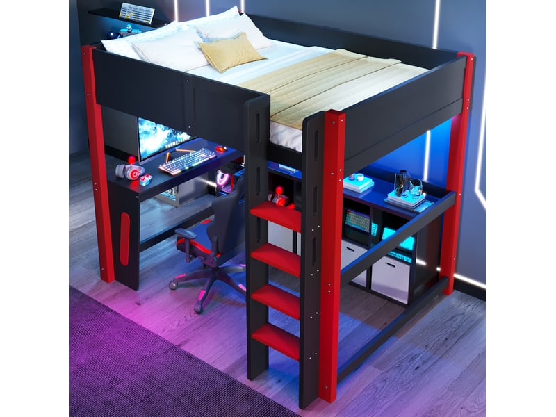  Lit mezzanine avec éclairage led, 140x200cm, avec bureau, panneau perforé, lit structure en pin, noir  - Conforama B