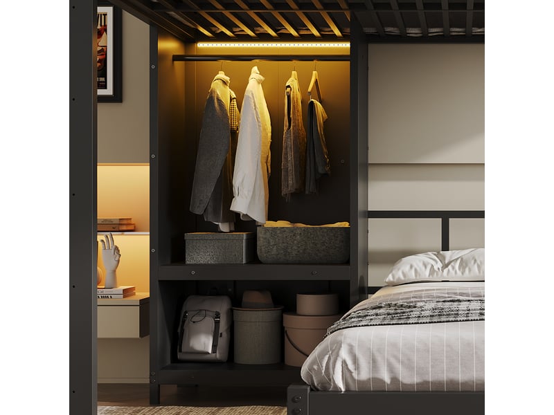  Lit superposé 120×200 cm 2 places avec armoire, led et échelle, métal noir sans matelas  - Conforama D