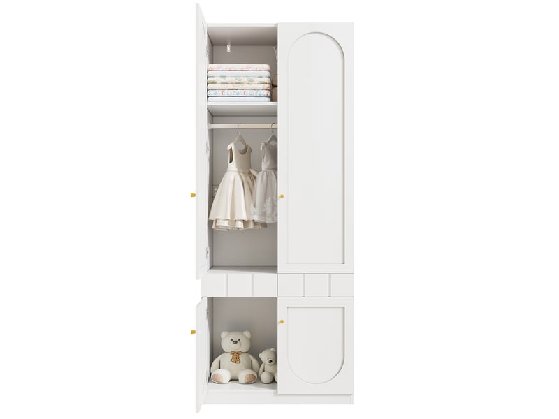 Armoire 2 portes avec penderie et tiroirs, finition laquée blanche, poignées métal, lot de 2, style moderne - Conforama E