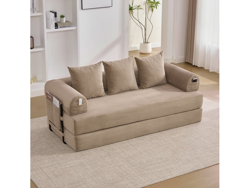 Canapé modulable modenvie 3 places en velours côtelé kaki avec structure en métal, 3 coussins et poche latérale, 200 x 94 x 67 cm - Conforama B