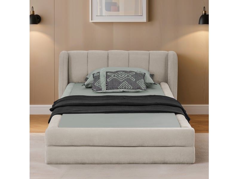  Lit simple 90x200 cm avec tête de lit matelassée en chenille beige  - Conforama D