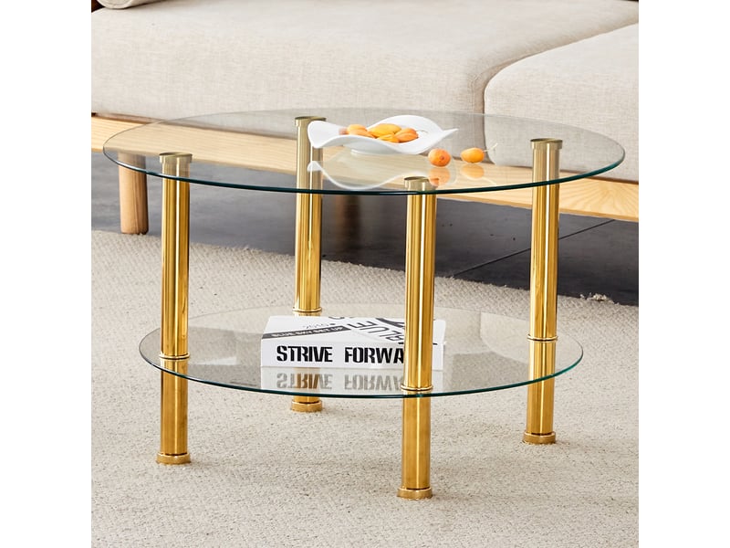 Table basse deux niveaux en verre et métal doré, 70 x 70 cm - Conforama B