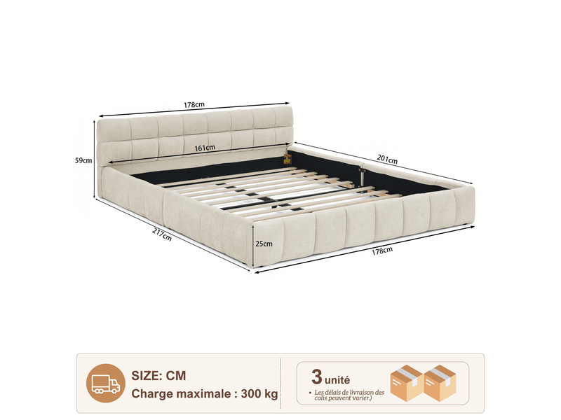  Bubble bed 160x200 cm, lit double rembourré 160x200 cm - cadre de lit - lit en chenille - sommier à lattes - capacité de charge 300 kg - chenille - beige  - Conforama C