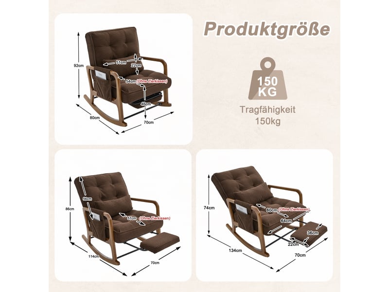  Fauteuil à bascule de salon 70x80x92cm – avec repose-pieds rétractable, dossier inclinable et oreiller lombaire – velours côtelé - marron  - Conforama C
