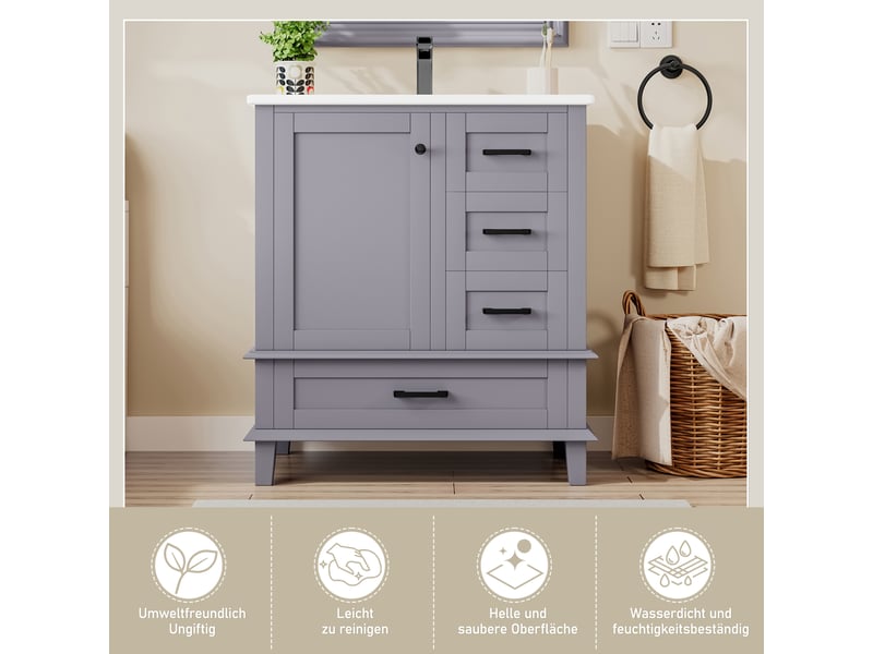  Meuble vasque sur pied gris, 76 x 46 x 83,5 cm, en mdf et céramique, avec 3 tiroirs à coulisses silencieuses  - Conforama C