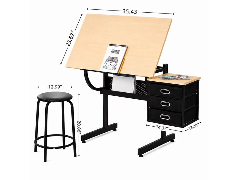  Table à dessin réglable érable avec tabouret et 3 tiroirs, plateau inclinable de 0 à 75 degrés  - Conforama C