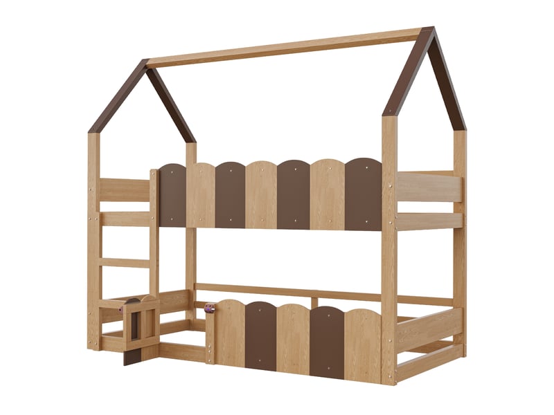 Lit superposé enfant 90x200 cm, forme de maison, barrières surélevées, un seul sommier, bois naturel, sans matelas  - Conforama D