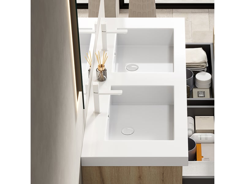  Lavabo double en résine avec plan de travail, bords arrondis, salle de bain, blanc, 132×58×29 cm  - Conforama C