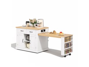 Îlot de cuisine avec table extensible, 2 portes et 2 tiroirs, blanc et chêne, 132(235)x70x90 cm