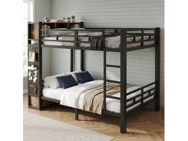  Lit superposé 120 × 200 cm 1 place avec penderie, tiroir et étagères, sans matelas, métal noir et noyer foncé  - Conforama C