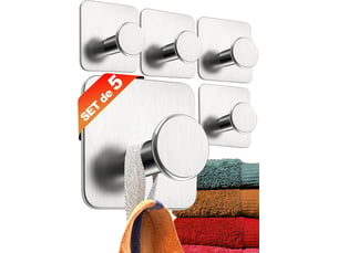Accroche-serviette porte-serviette sans perçage set de 5 - crochets serviette salle de bain modernes - crochet adhésif mural en acier inox, gris