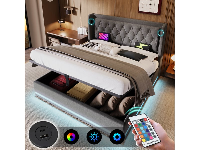 Lit coffre adulte 160x200 cm – gris – rangement hydraulique, led 3 côtés et matelas à ressorts inclus - Conforama E