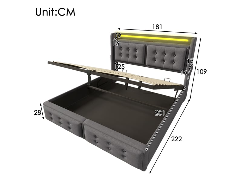  Lit coffre 180 × 200 cm 2 places avec led, prises, usb et type-c, sans matelas, en tissu gris  - Conforama D