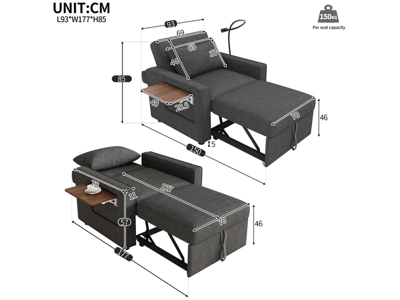  Fauteuil-lit modenvie 1 place convertible gris en velours côtelé avec usb et type-c  - Conforama C