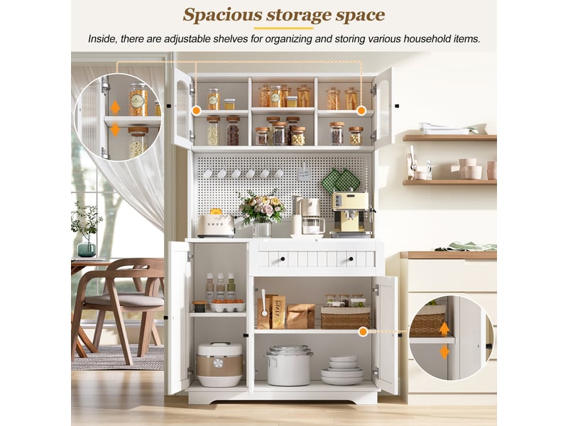  Vaisselier 103.5x40x180 cm - 6 portes vitrées et tiroir - étagères réglables et panneau perforé - blanc  - Conforama E