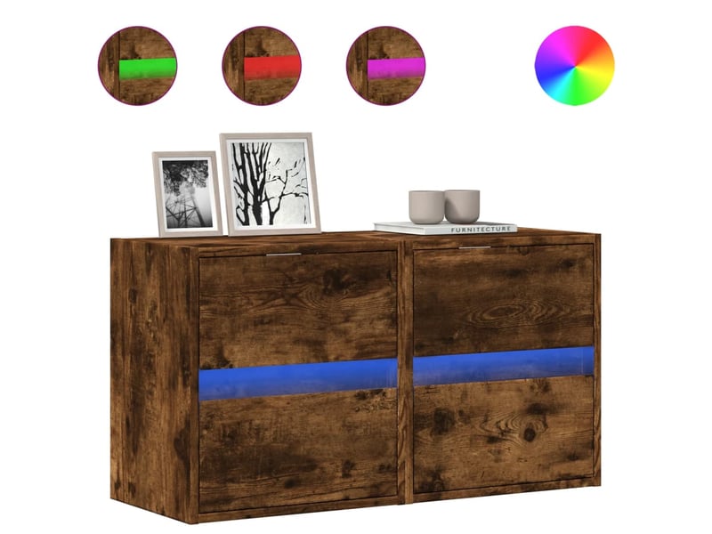  Lot de 2 meuble tv mural avec lumières led chêne fumé 41x31x45 cm shl19081  - Conforama A