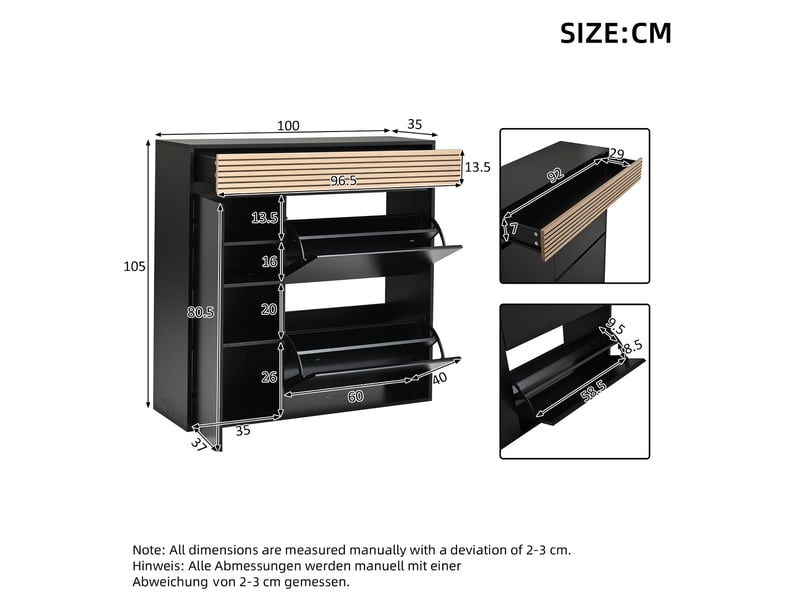  Meuble à chaussures - 100x35x105cm - 2 portes abattantes, 1 grand tiroir &amp; 1 placard avec charnières soft-close - noir &amp; bois  - Conforama E