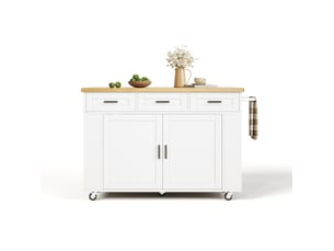Desserte de cuisine avec plateau rabattable, 3 tiroirs, 2 portes, prises et roulettes blanc naturel 120 × 70 × 84 cm