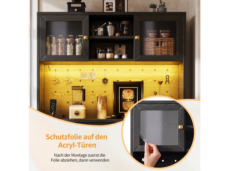  Buffet de cuisine 120x40x178 cm - 4 portes et 2 tiroirs, led rgb, 2 prises, 2 ports usb, rangement à vin - noir  - Conforama W