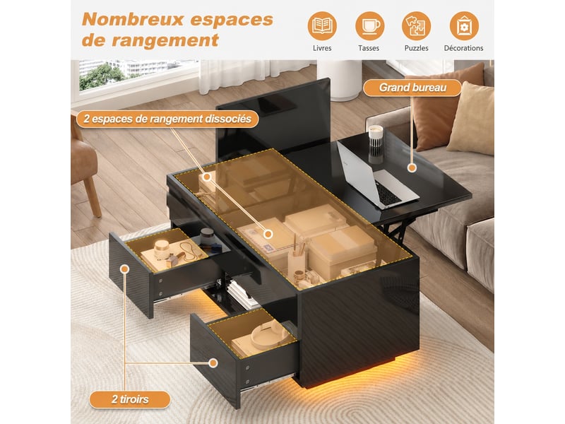 Table basse relevable avec 2 tiroirs, rangement caché et led, 100 x 45 x 43 cm, noir brillant - Conforama D