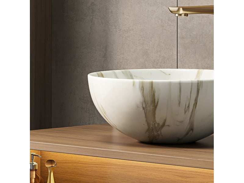 Lavabo à poser rond blanc en céramique effet pierre, sans meuble ni robinet, salle de bain, 48 × 48 × 28 cm - Conforama E