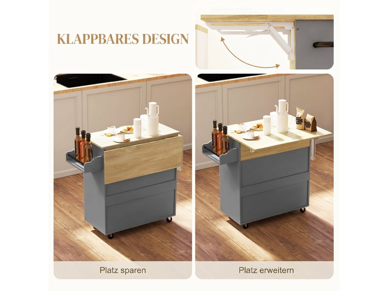  Desserte de cuisine avec plateau rabattable tiroir et placard gris et chêne 106x42x87 cm  - Conforama D